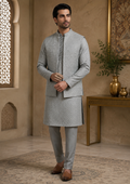 Ash Gray Embroidered Kurta Pajama and Waistcoat Set | Sualeheen