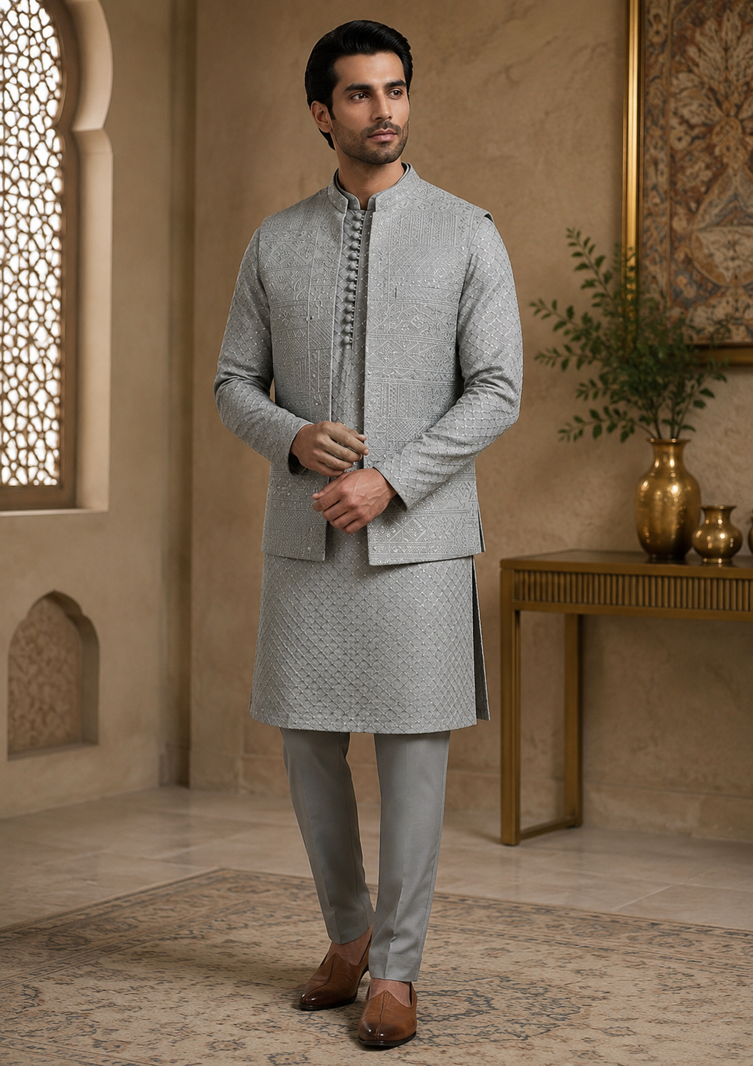 Ash Gray Embroidered Kurta Pajama & Waistcoat Set
