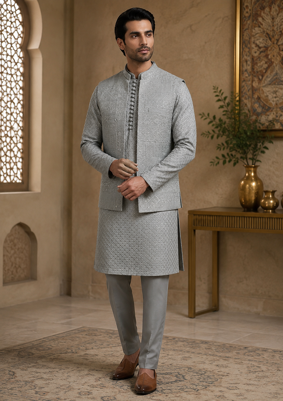 Ash Gray Embroidered Kurta Pajama & Waistcoat Set