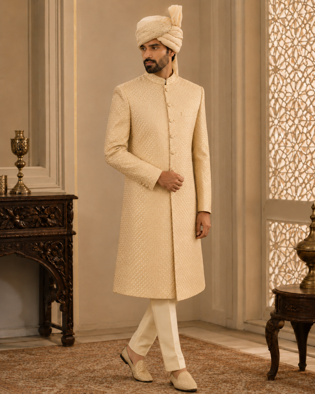 Imperial Champagne Gold Sherwani Set model image | Sualeheen