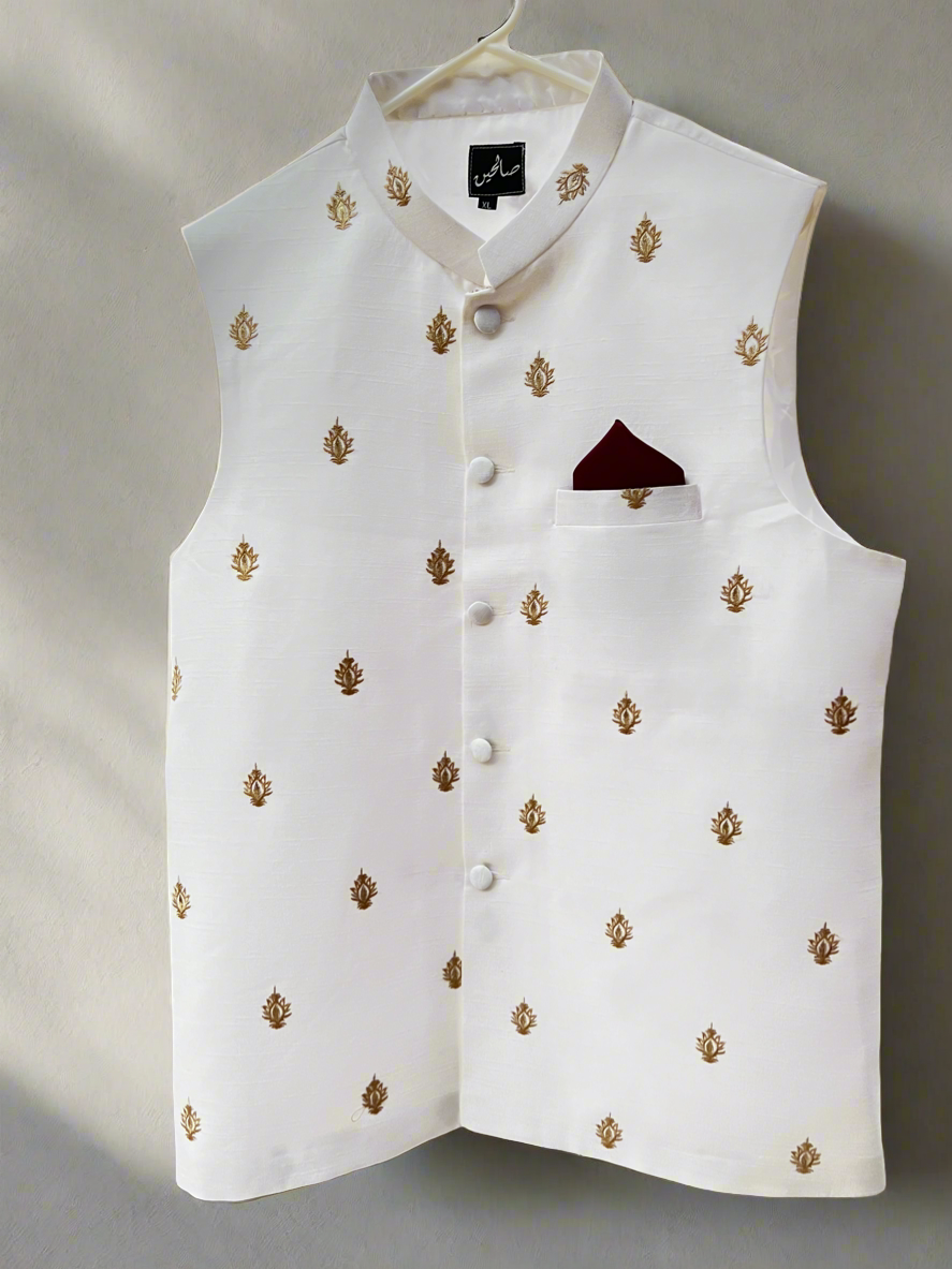 White Men’s Shalwar Kameez Waistcoat / Vest with Golden Embroidery