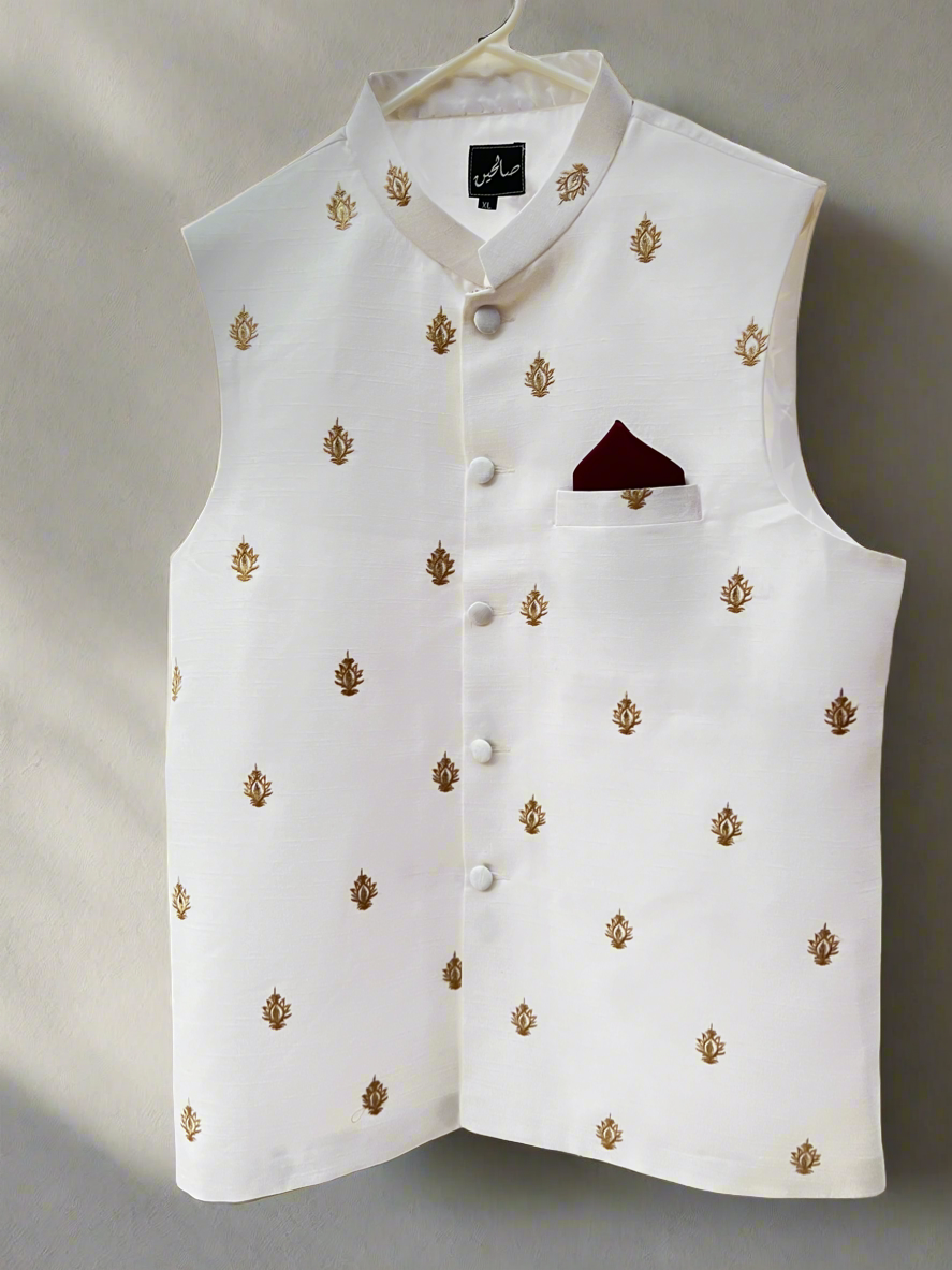Embroidered White Waistcoat with Gold Accents