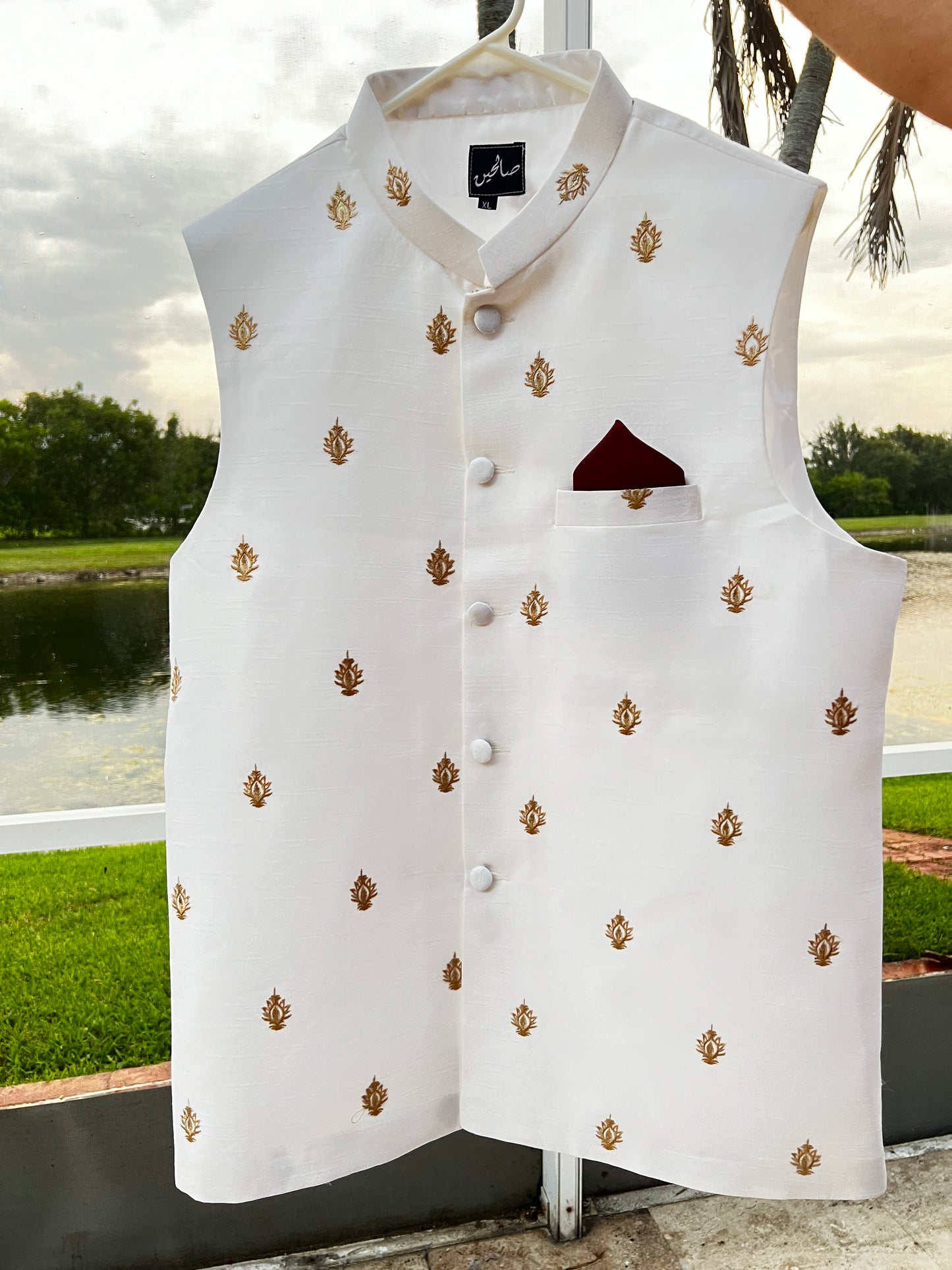 White Men’s Shalwar Kameez Waistcoat / Vest with Golden Embroidery