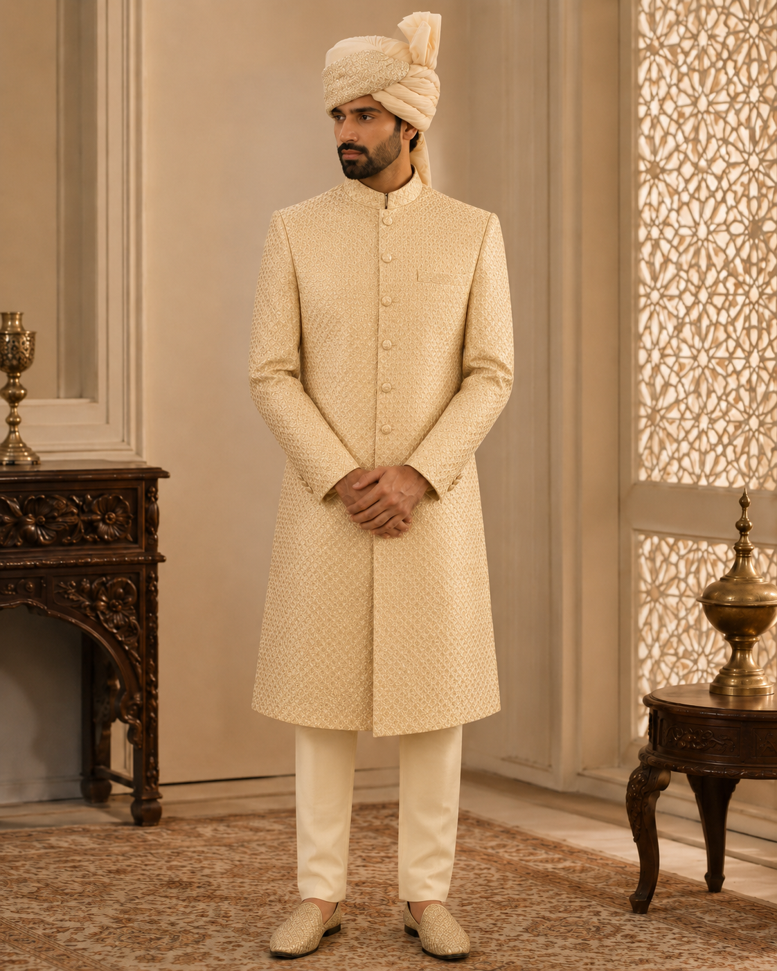 Imperial Champagne Gold Sherwani Set model image | Sualeheen