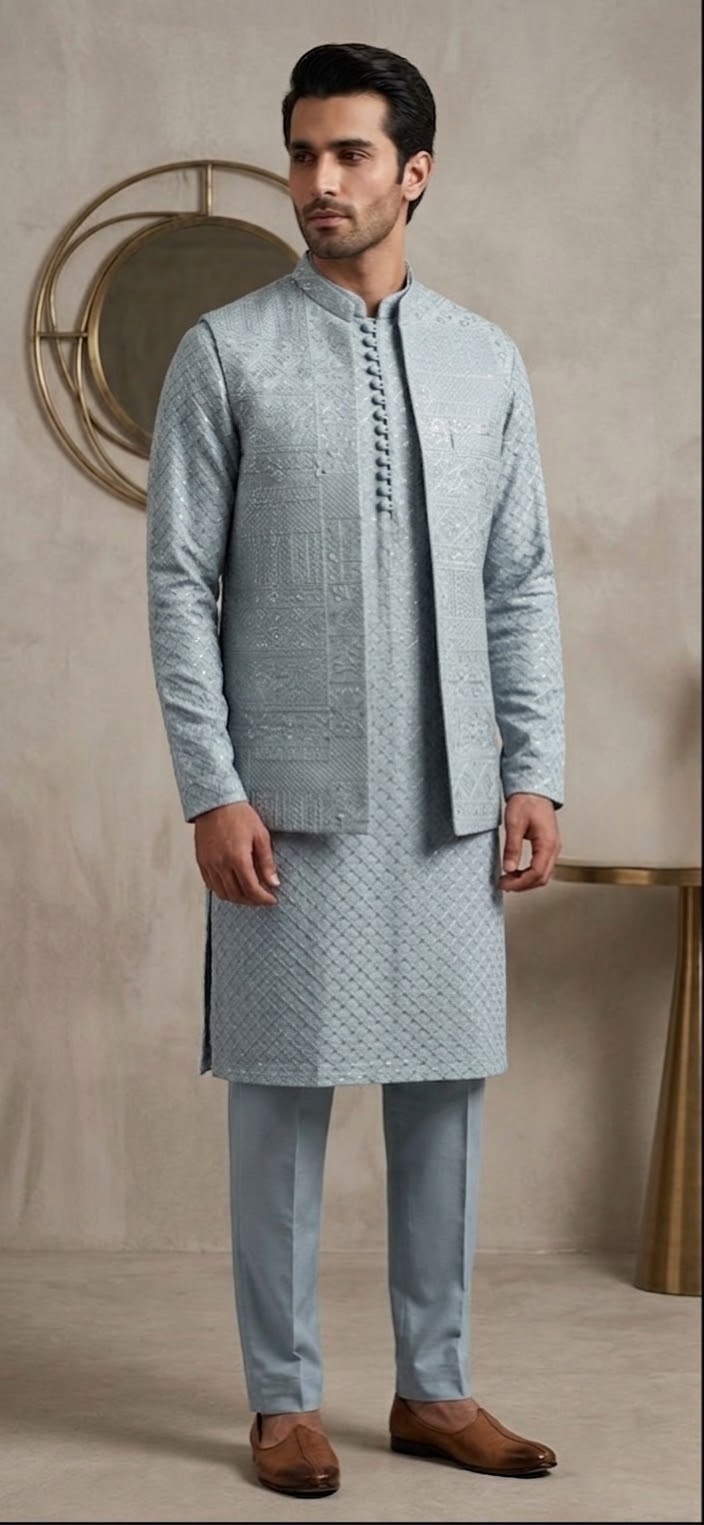 Baby Blue Embroidered Kurta Pajama & Waistcoat Set