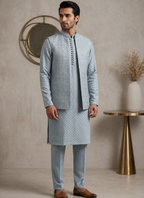 Baby Blue Embroidered Kurta Pajama and Waistcoat Set | Sualeheen