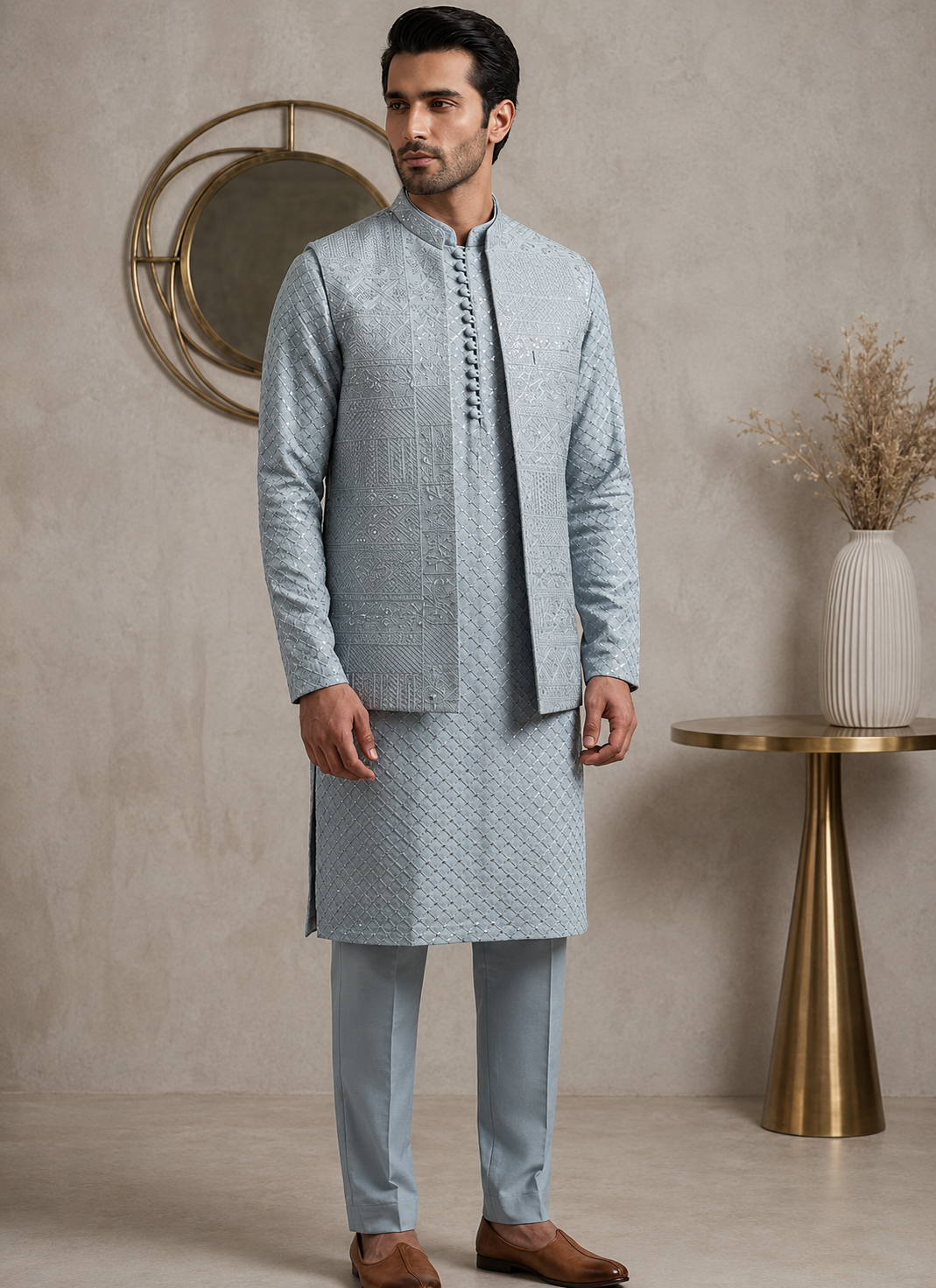 Baby Blue Embroidered Kurta Pajama & Waistcoat Set
