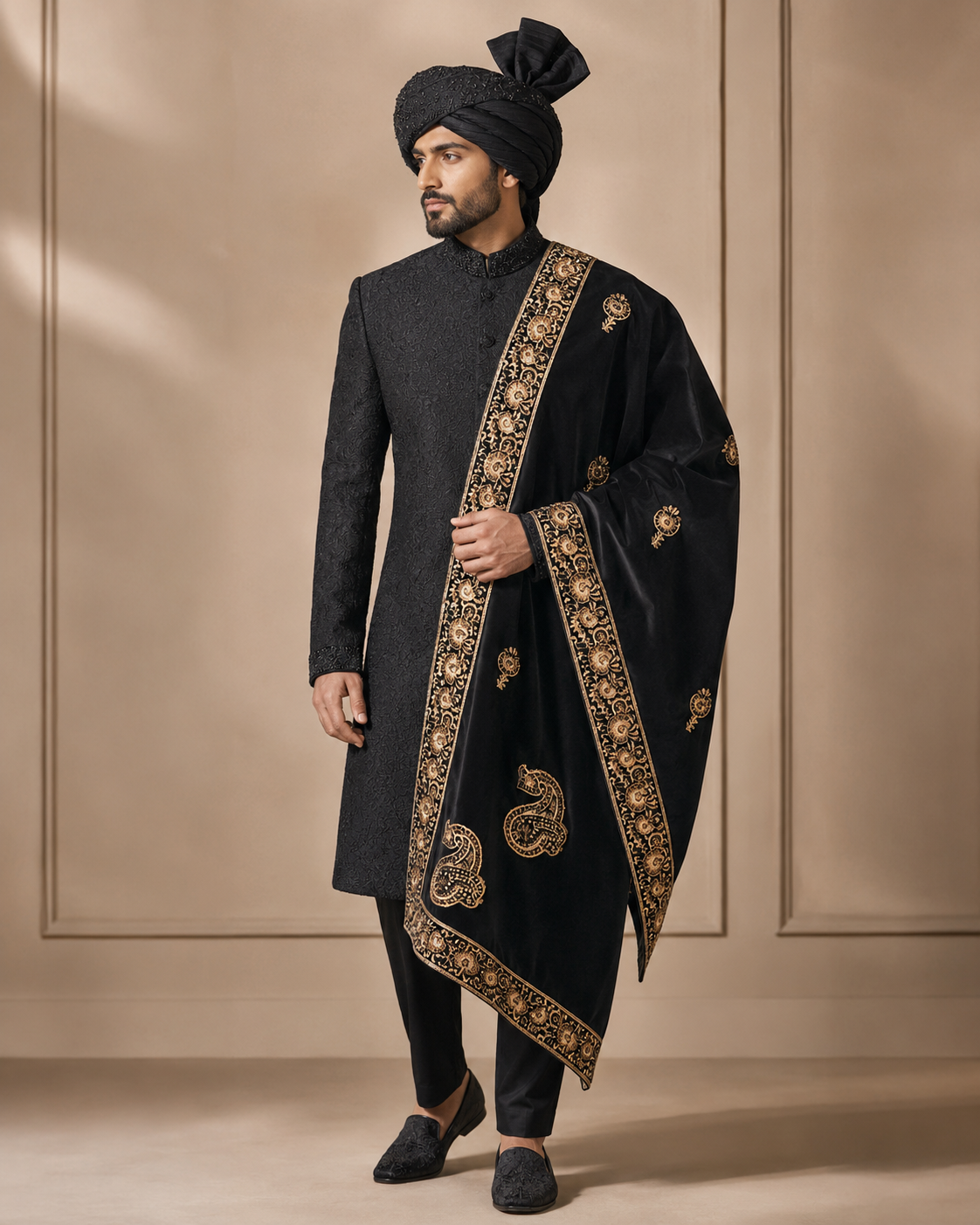 Onyx Black Embroidered Groom’s Sherwani Set