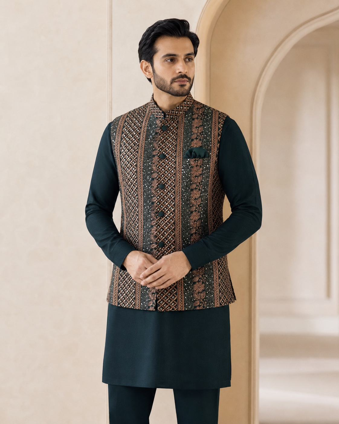 Emerald Green Embroidered Waistcoat & Kurta Pajama Set