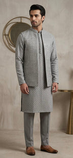 Ash Gray Embroidered Kurta Pajama and Waistcoat Set