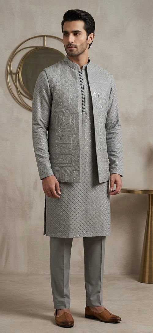 Ash Gray Embroidered Kurta Pajama and Waistcoat Set