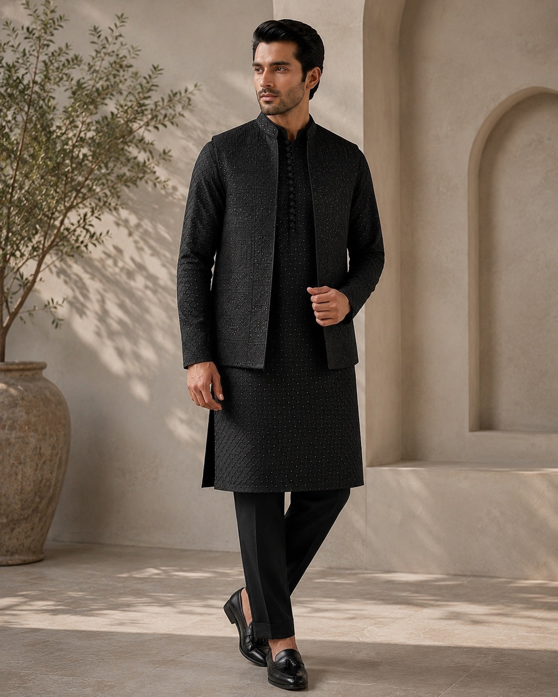 Black Embroidered Kurta Pajama & Waistcoat Set