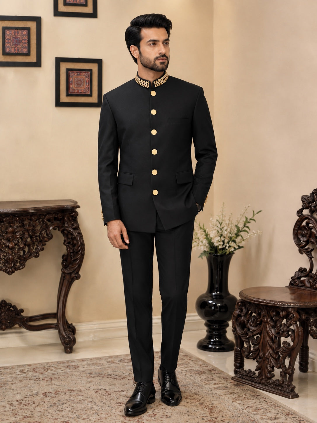 Model wearing black Zari Work Bandhgala Jodhpuri suit by Sualeheen