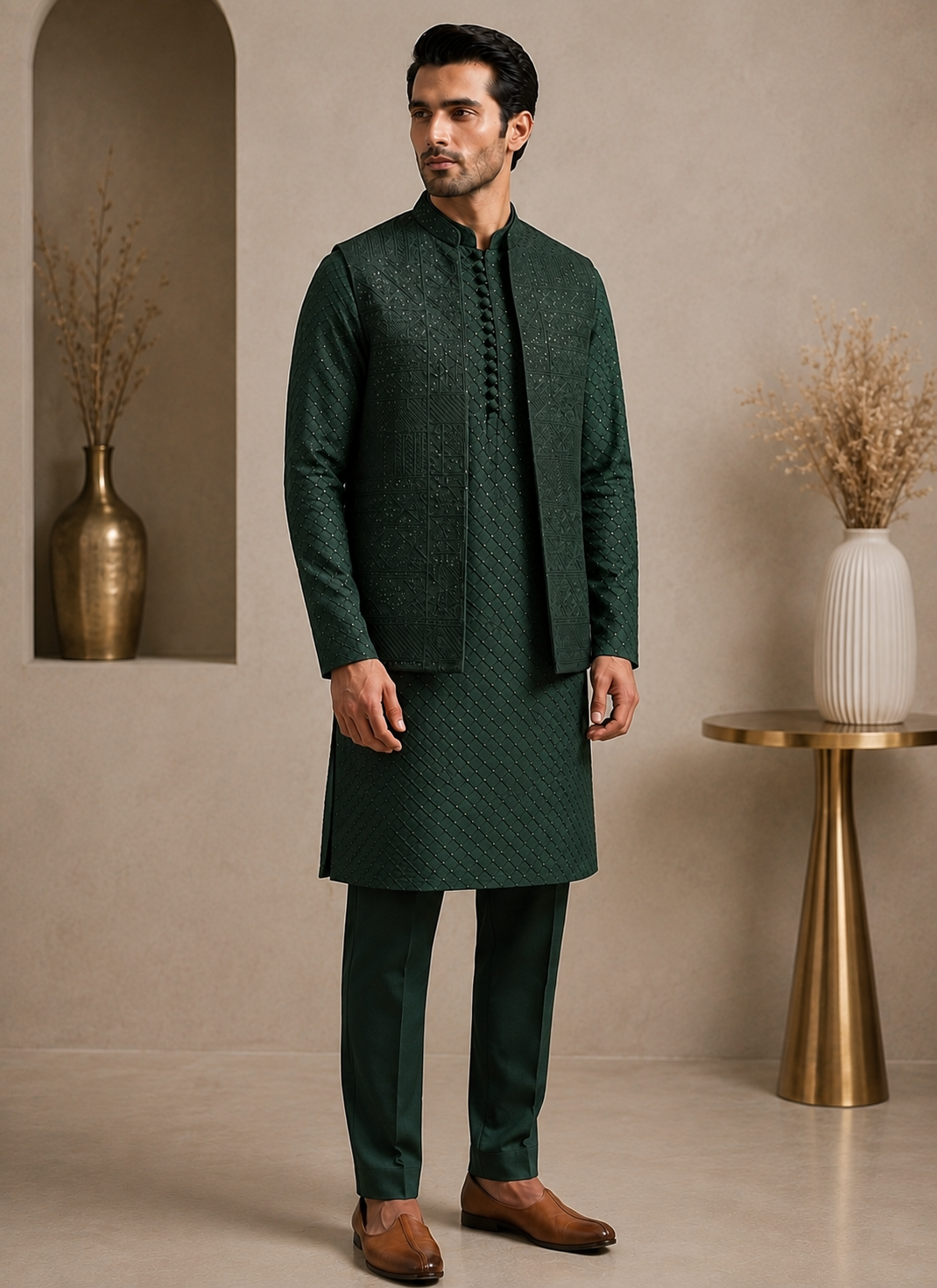 Emerald Green Embroidered Kurta Pajama & Waistcoat Set