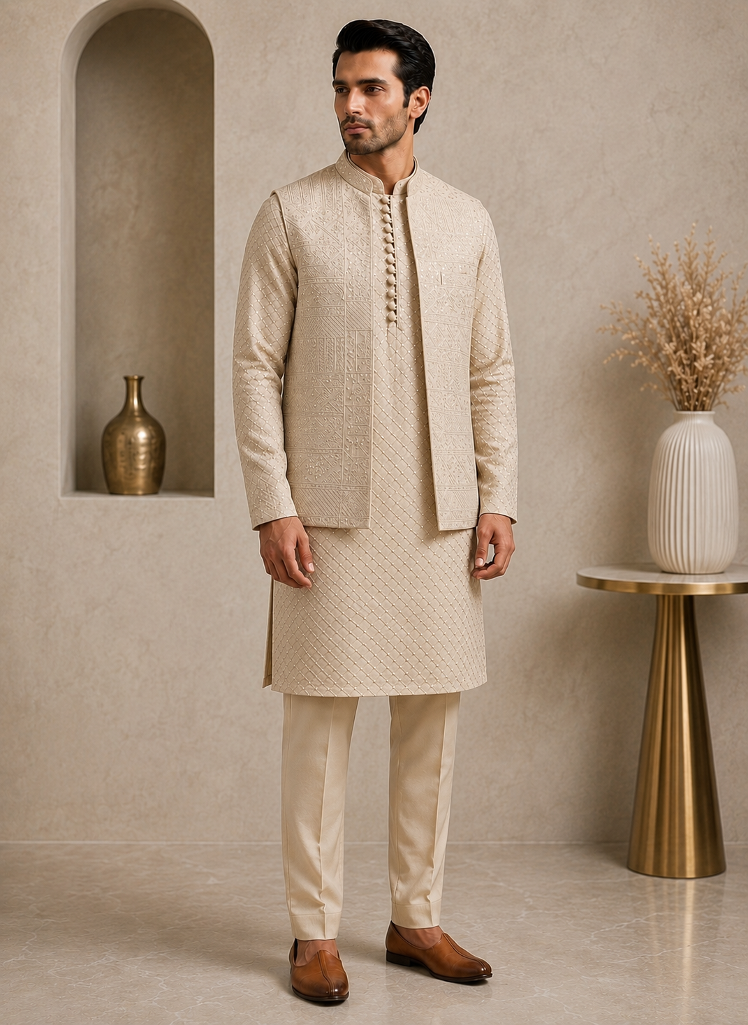 Ivory Beige Embroidered Kurta Pajama & Waistcoat Set
