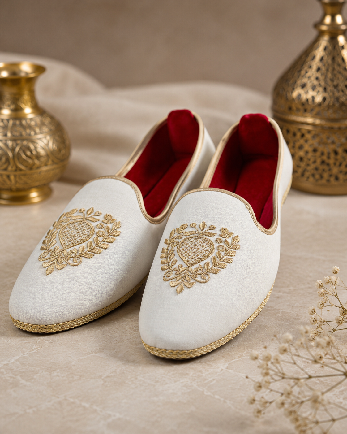 Handmade ivory white khussas with golden embroidery, alternate view