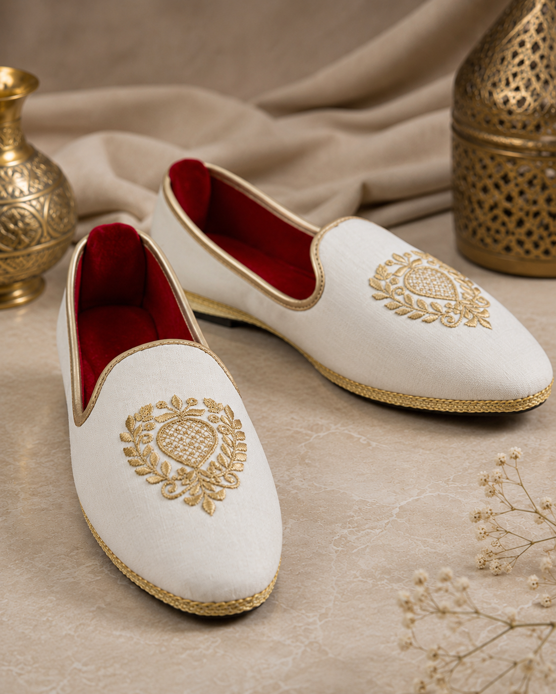 Ivory white handmade khussas with golden embroidery