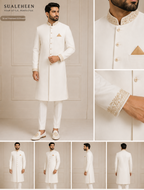 Model wearing Ivory White Embroidered Sherwani with matching shoes, without shawl