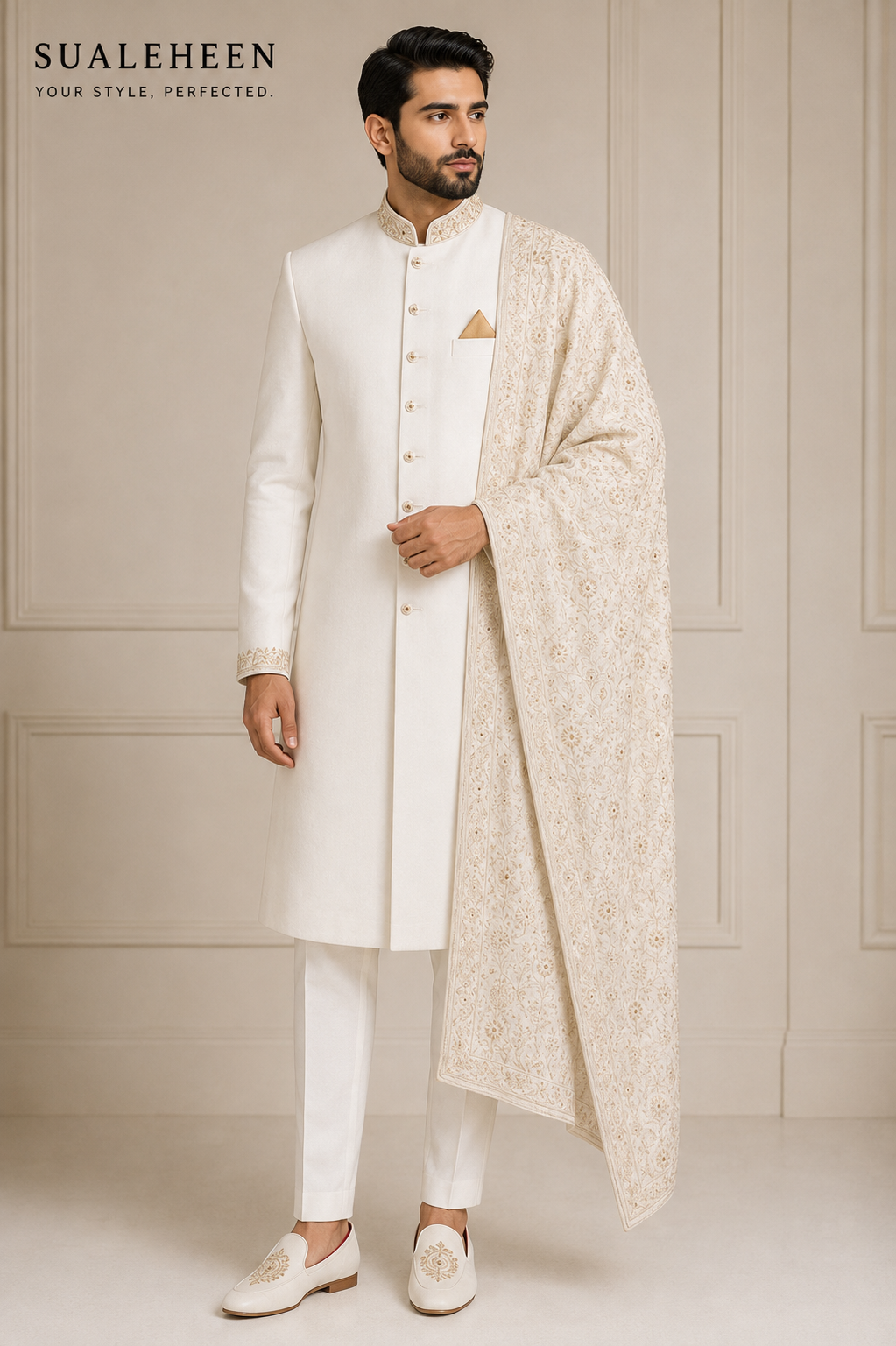 Ivory White Embroidered Sherwani Set by Sualeheen