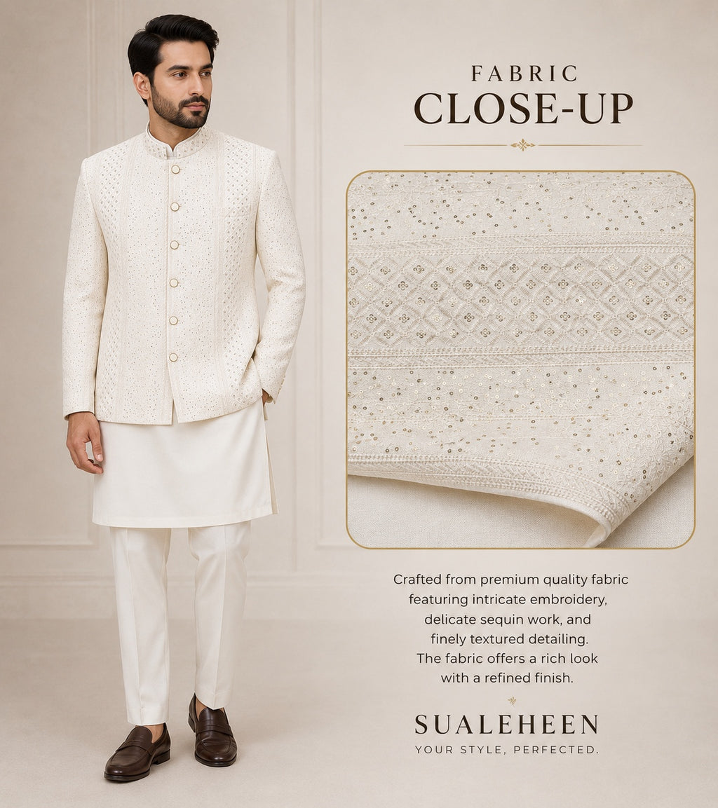Close-up of ivory white embroidered fabric used for Sualeheen Prince Coat