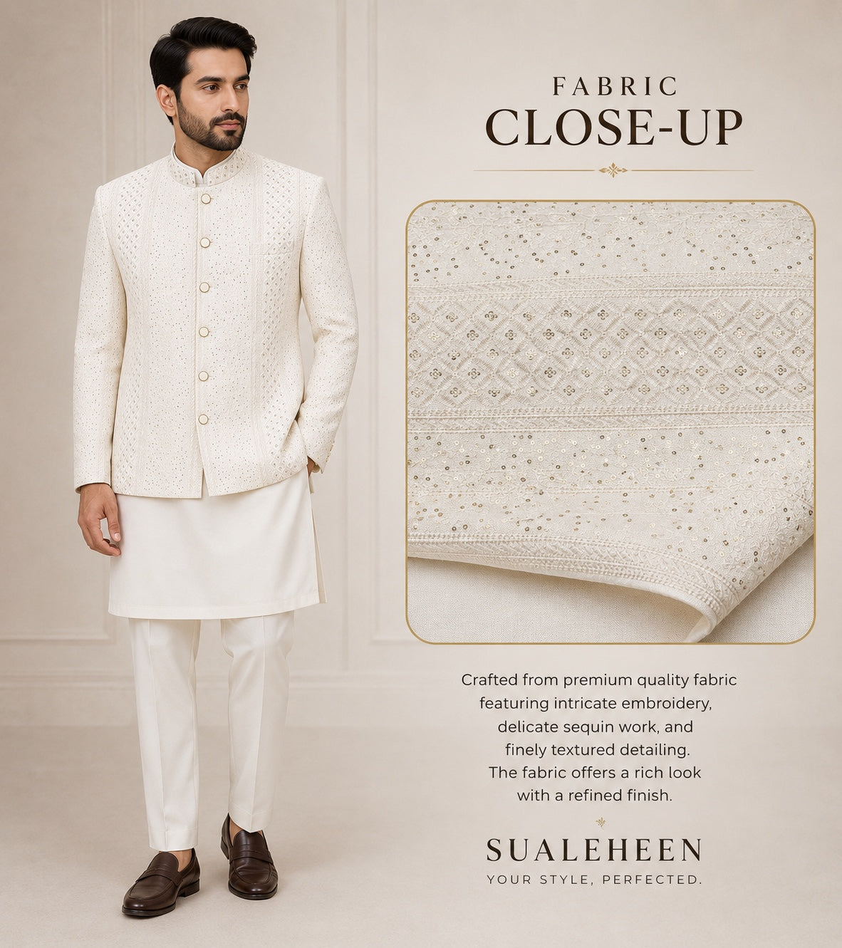 Close-up of ivory white embroidered fabric used for Sualeheen Prince Coat