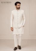 Model wearing ivory white Prince Coat with matching Kurta Pajama