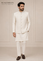 Model wearing ivory white Prince Coat with matching Kurta Pajama