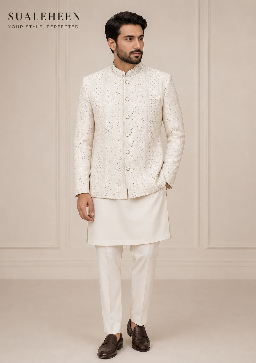 Model wearing ivory white Prince Coat with matching Kurta Pajama
