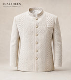 Ivory white embroidered Prince Coat by Sualeheen