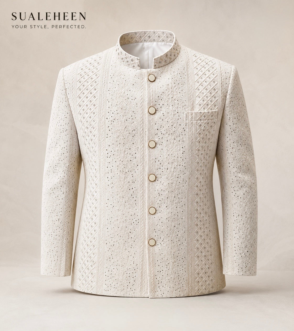 Ivory white embroidered Prince Coat by Sualeheen