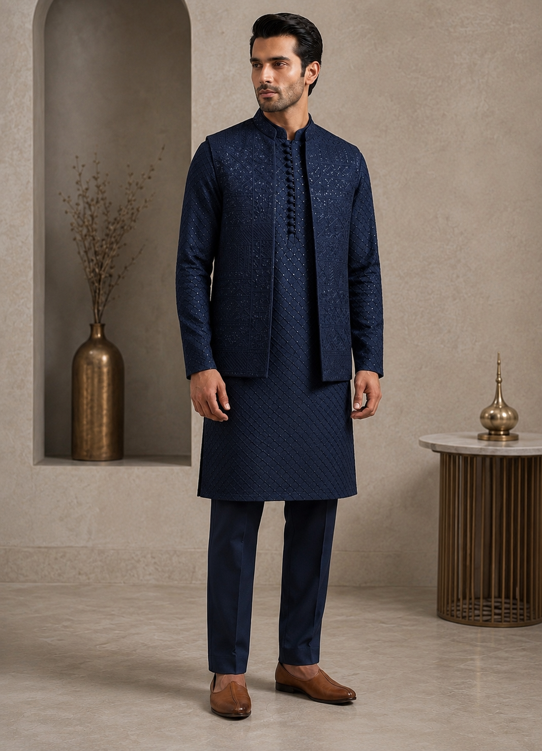 Navy Blue Embroidered Kurta Pajama & Waistcoat Set