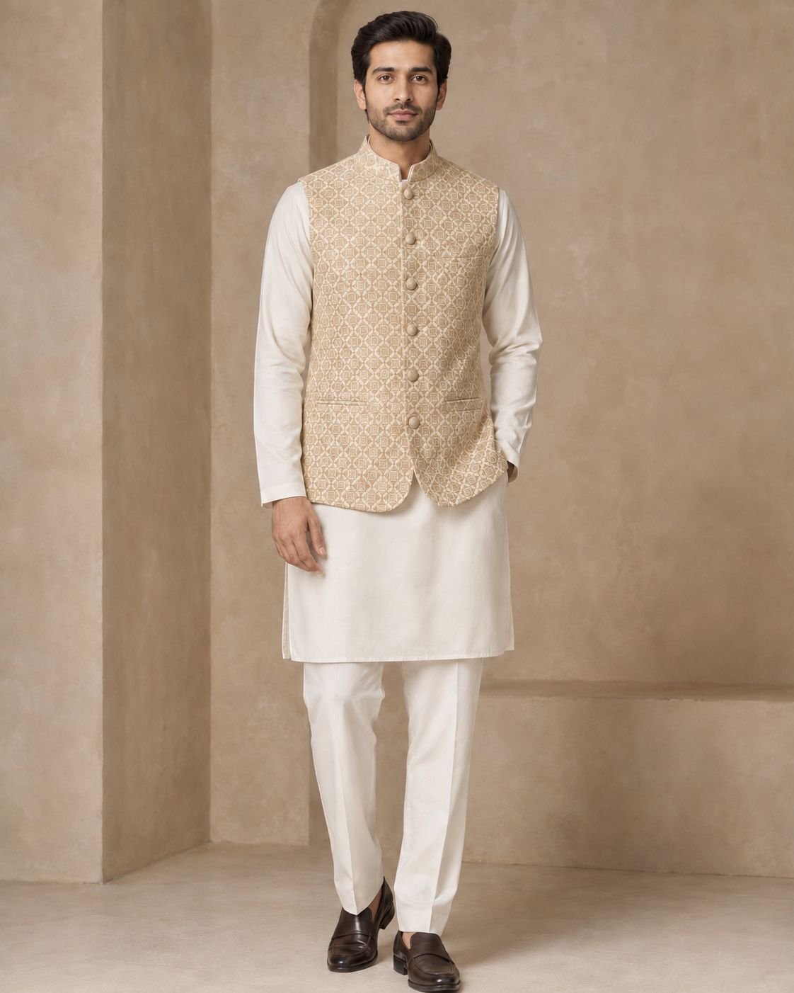 Sualeheen men's gold embroidered waistcoat with off-white kurta pajama set