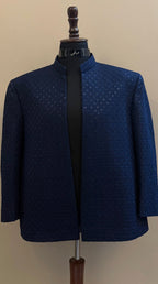 Navy blue textured open-front Prince coat with diamond pattern and subtle sequin detailing