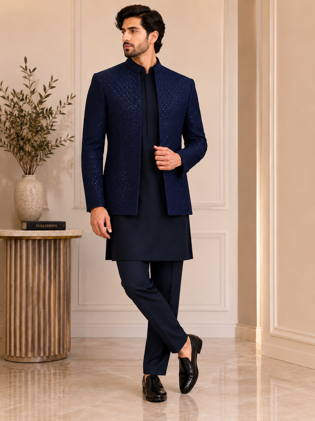 Model wearing Sualeheen navy blue textured Prince coat with matching kurta pajama