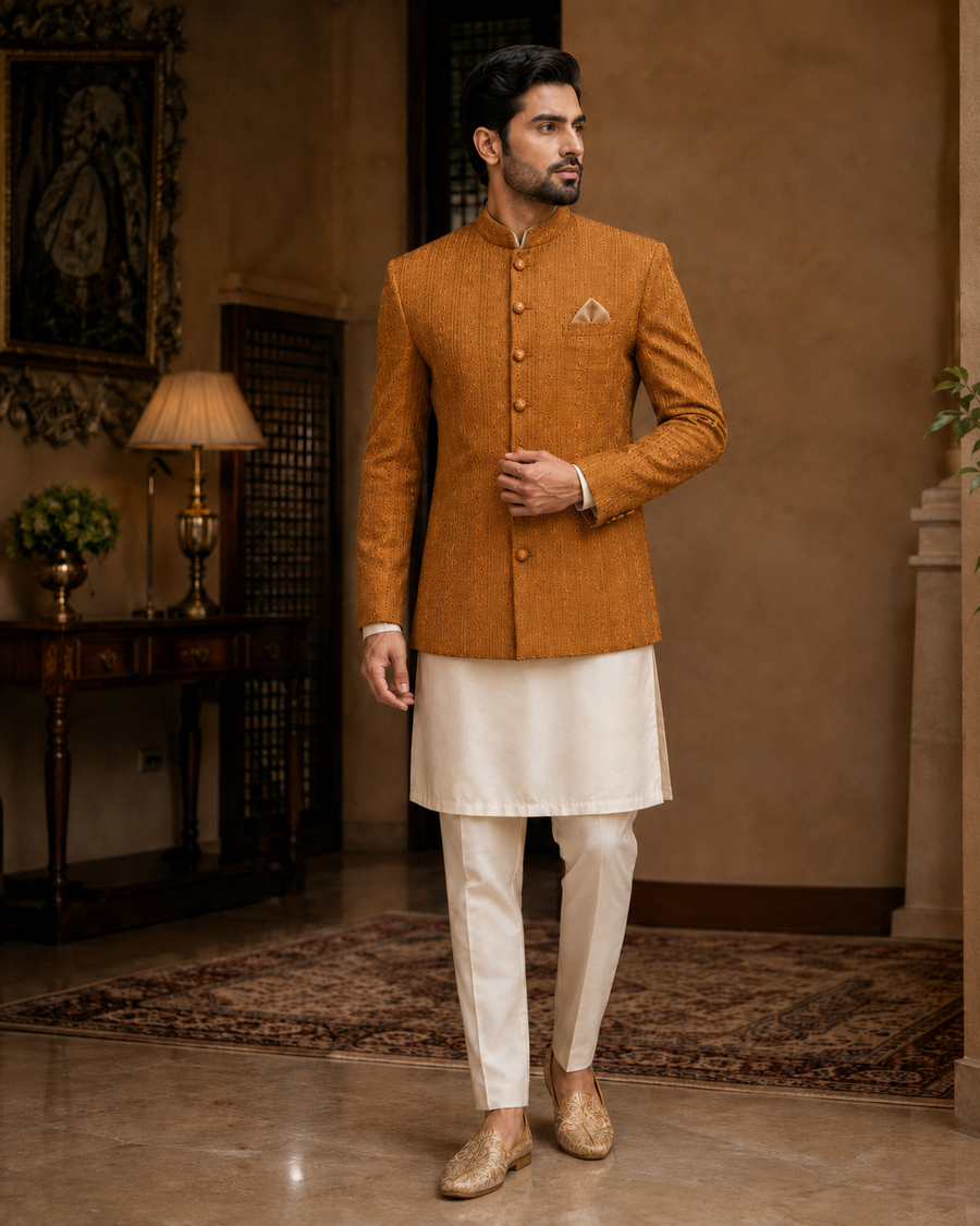 Warm Gold Embroidered Prince Coat for Men